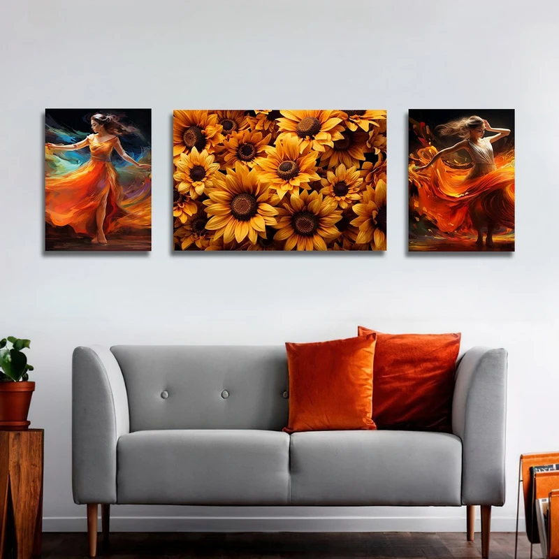 تابلو شاسی بکلیت طرح گل آفتابگردان و طبیعت پاییزی مدل SH-1195 مجموعه 3 عددی