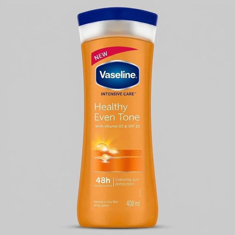 لوسیون بدن وازلین مدل Healthy Even Tone حجم 400 میلی‌لیتر، روشن کننده و یکدست کننده پوست، محافظ در برابر اشعه خورشید، ترمیم کننده پوست خشن و زبر، نرم کننده و مرطوب کننده، غنی شده با ویتامین B5، مناسب پوست خشک و معمولی، جذب سریع