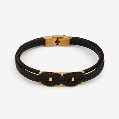 دستبند طلا 18 عیار مردانه با بند چرمی وی گالری مدل حصیری کد LBB5099