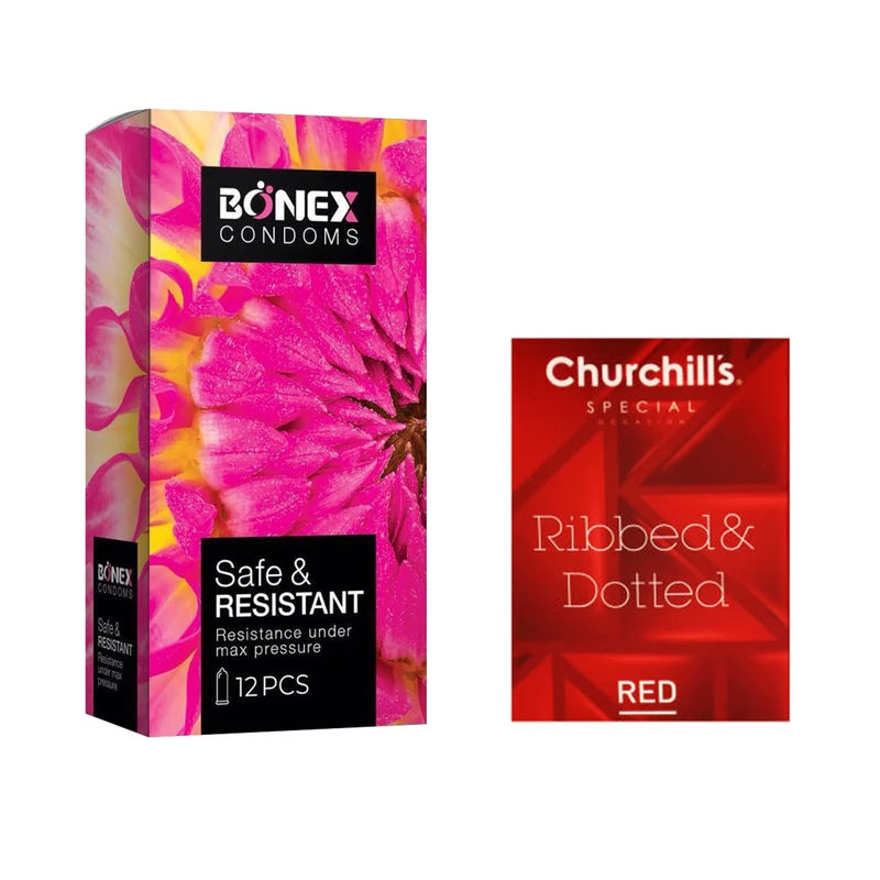 کاندوم بونکس مدل Safe &amp; Resistant بسته 12 عددی به همراه کاندوم چرچیلز مدل Hot Gel بسته 3 عددی