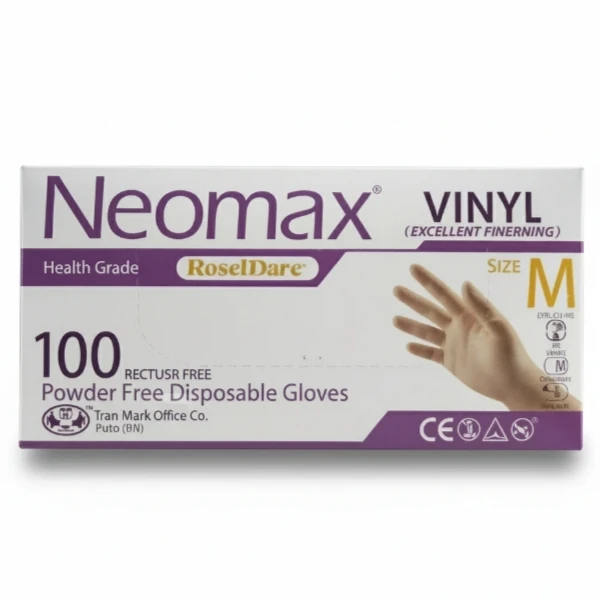 دستکش وینیل غیر پودری حریر مدل نئومکس سایز متوسط (M) بسته ۱۰۰ عددی