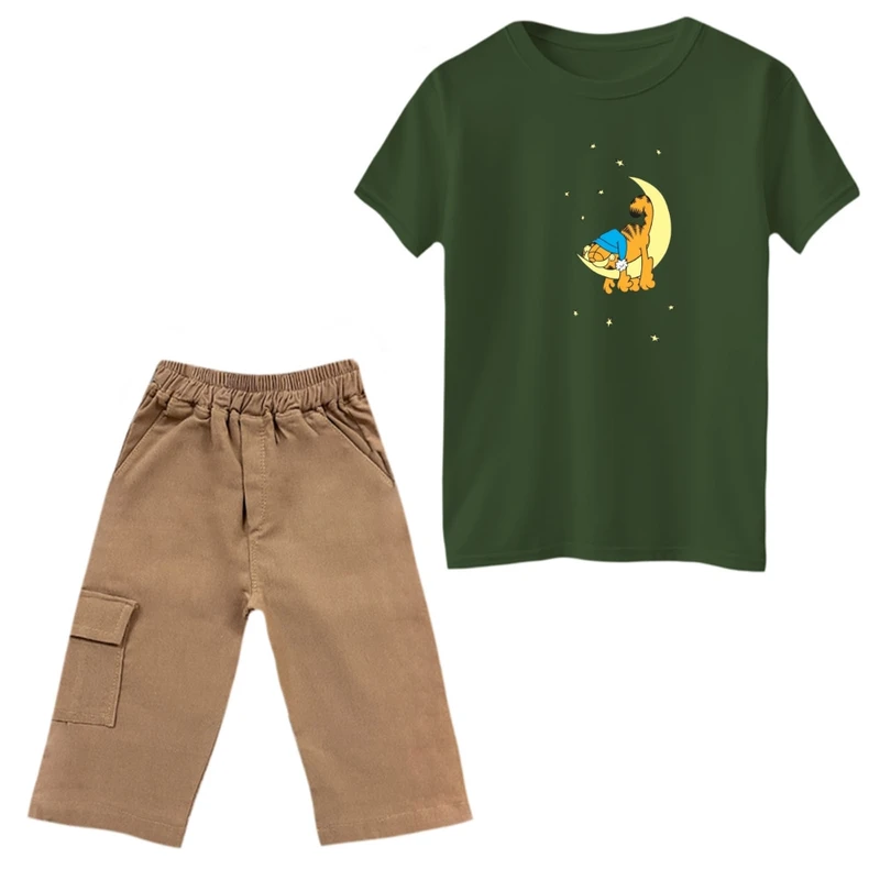 ست تی‌شرت و شلوارک پسرانه مدل گارفیلد و ماه رنگ یشمی