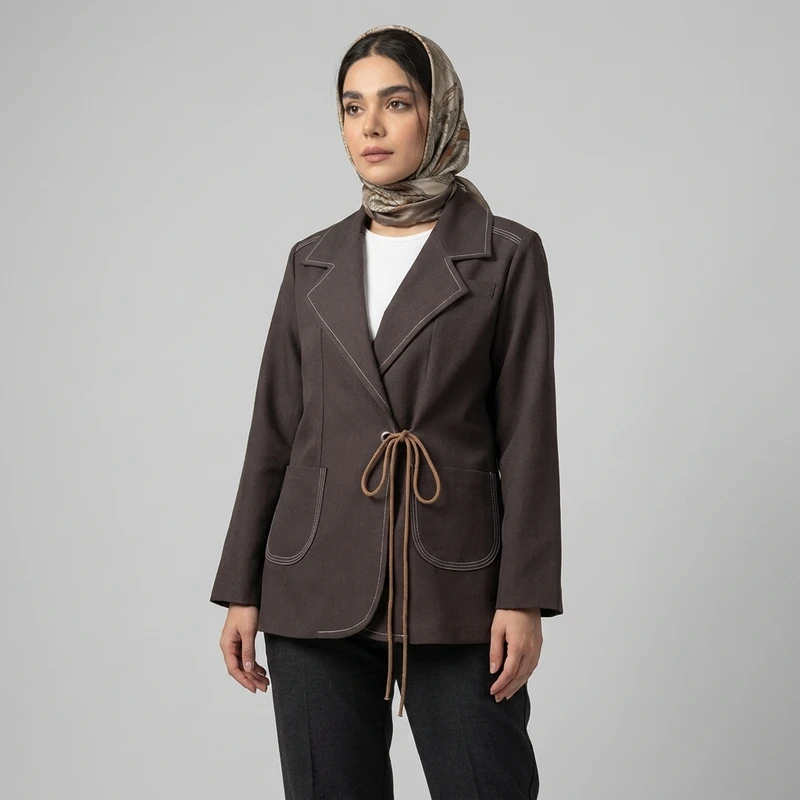 کت تک زنانه الیاف نخی روبان‌دار مدل شیمبا