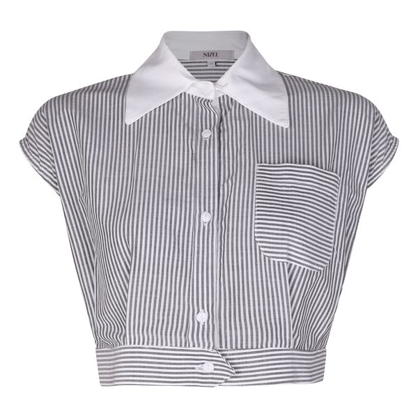 کراپ شومیز آستین تا روی شانه یقه برگردان زنانه نیزل مدل 141 رنگ طوسی