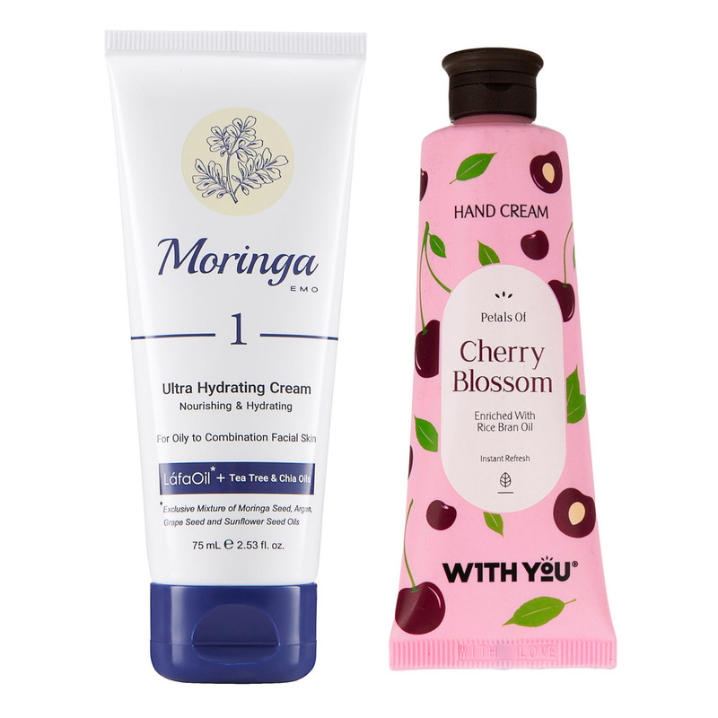 کرم آبرسان مورینگا امو مدل Tee treeحجم 75 میلی لیتر به همراه کرم مرطوب کننده ویت یو مدل Cherry Blossom حجم 50 میلی لیتر