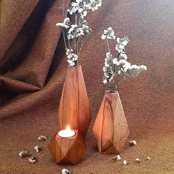 ست سه تکه گلدان و جاشمعی چوبی مدل چندوجهی کد SET100