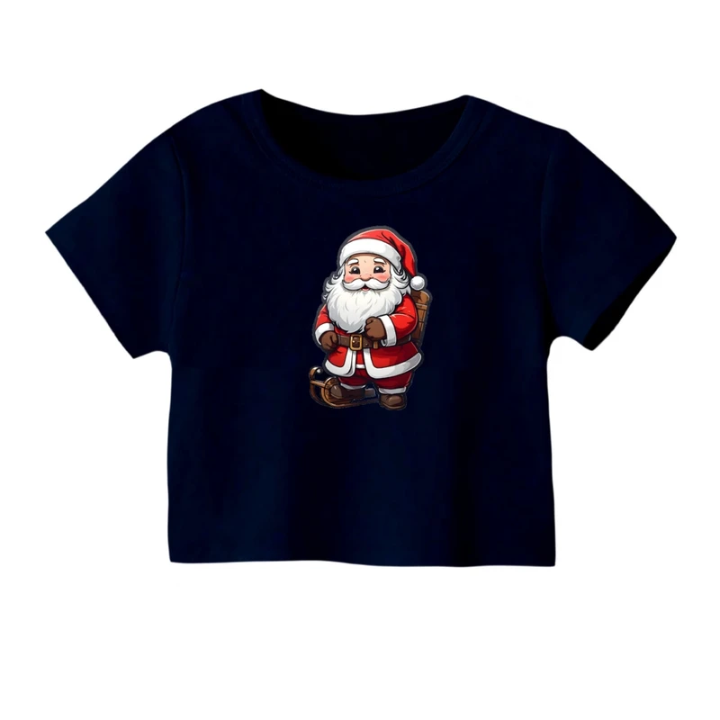 کراپ‌ تی‌شرت آستین کوتاه زنانه مدل بابانوئل کریسمس کد 1 رنگ سورمه ای