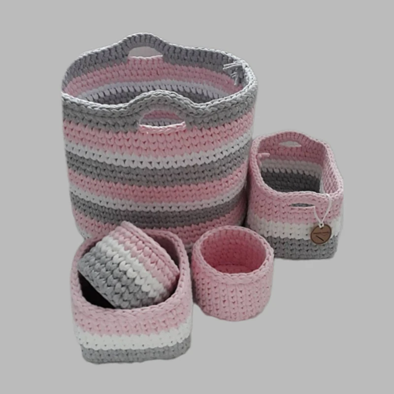 ست سبد قلاب بافی تریکو طرح سبسمونی اتاق نوزاد کد 54 مجموعه  5 عددی