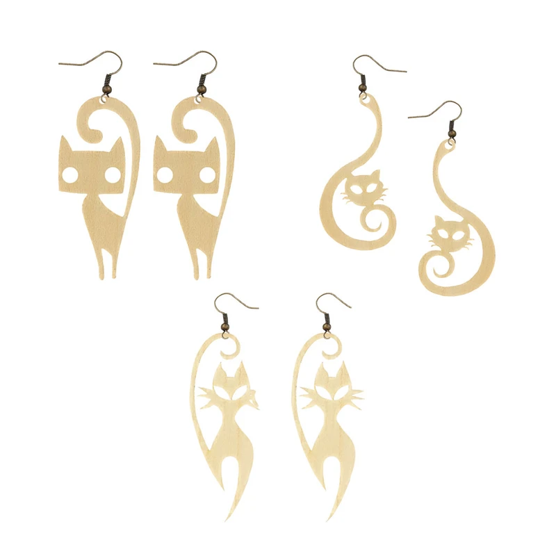 گوشواره زنانه مدل چوبی طرح گربه کد 01 بسته 3 عددی