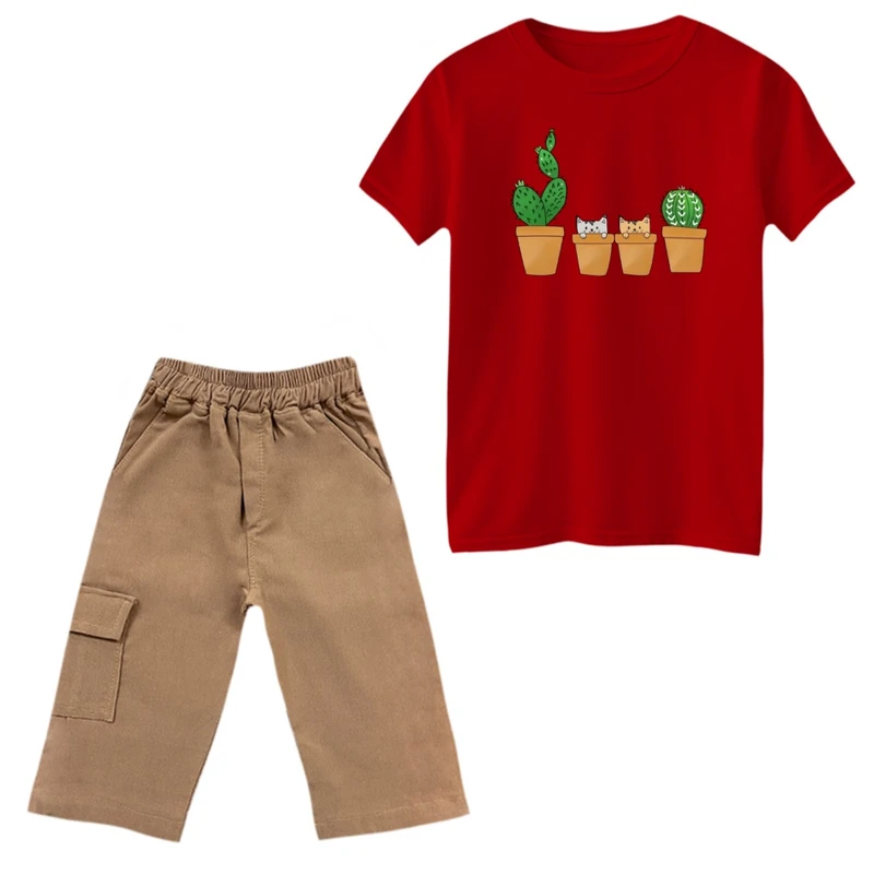 ست تی‌شرت و شلوارک دخترانه مدل کاکتوس و گربه