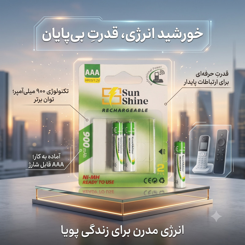  باتری نیم قلمی قابل شارژ سانشاین مدل HR03-900mAh بسته 2 عددی 