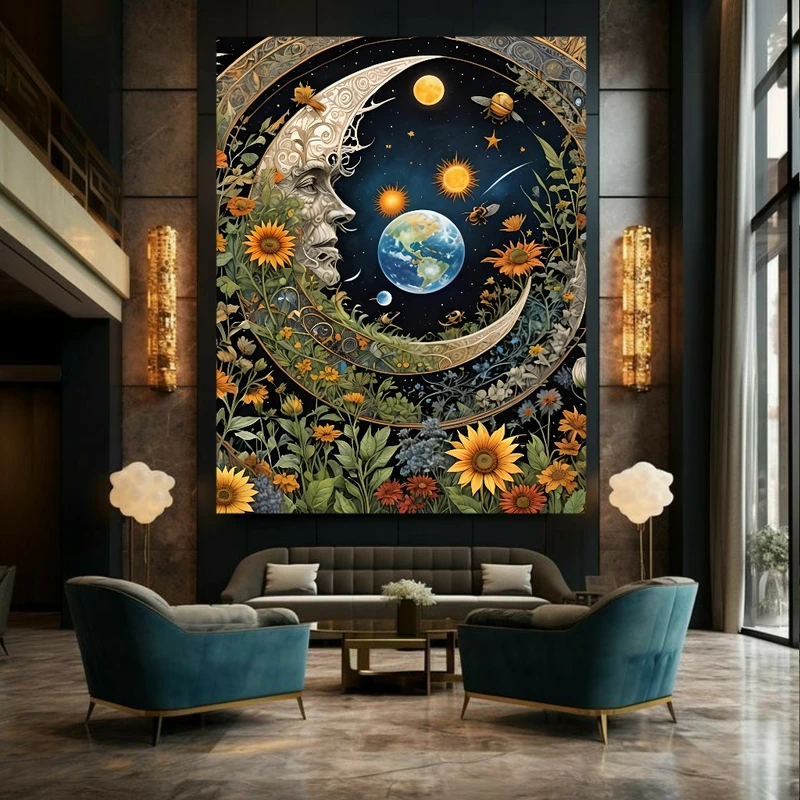پوستر پارچه ای طرح مخمل سورئال ماه و آفتابگردان مدل زمین کد BK23414
