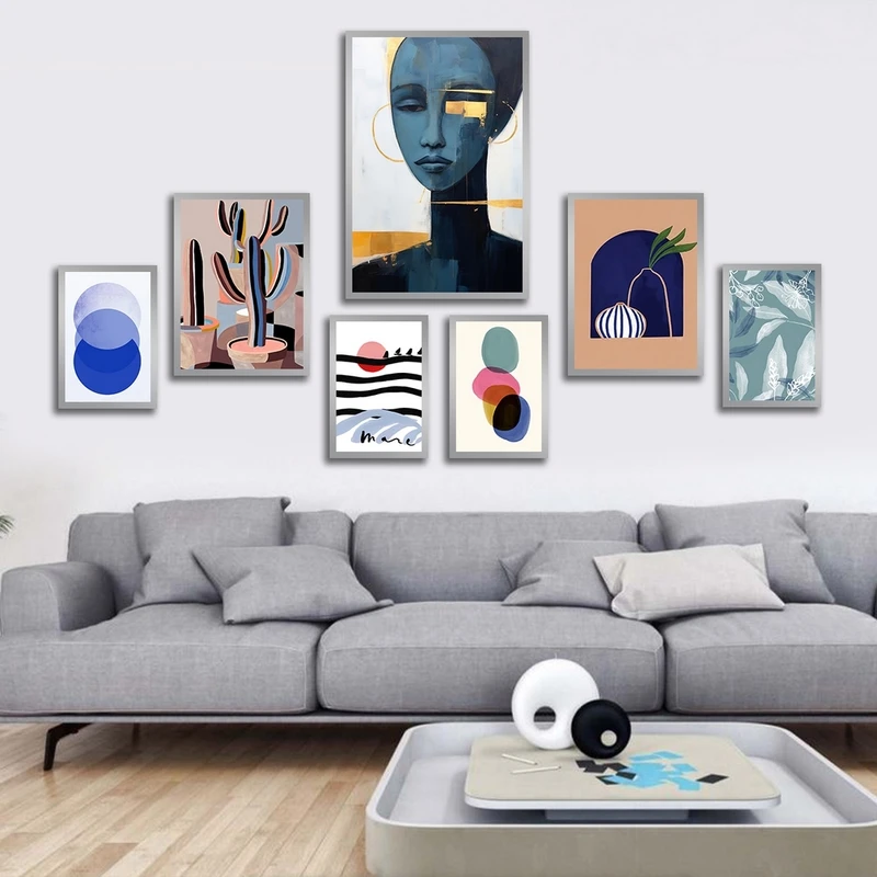 تابلو ساده بکلیت طرح مدرن نقاشی مینیمال مدل شاین اکلیلی SI-2712 فریم نقره ای مجموعه 7 عددی