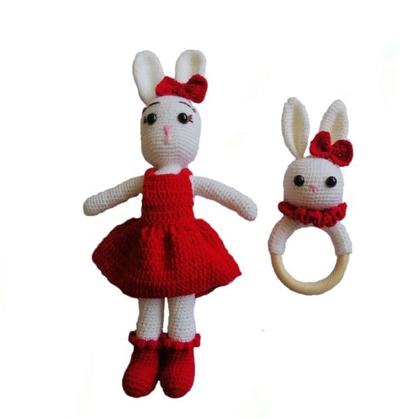 عروسک بافتنی مدل خرگوش و جغجغه مجموعه دوعددی