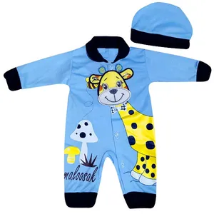 ست سرهمی و کلاه نوزادی طرح زرافه کد Ab8 رنگ آبی