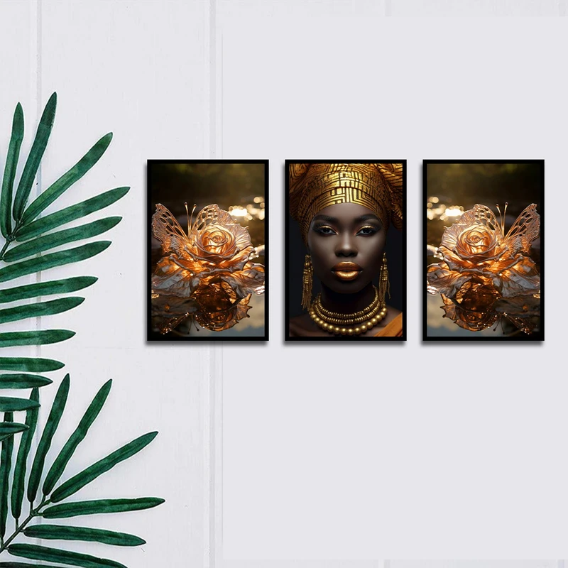 تابلو بکلیت طرح مدرن چهره زن آفریقایی و گل طلایی مدل B-1750 مجموعه 3 عددی