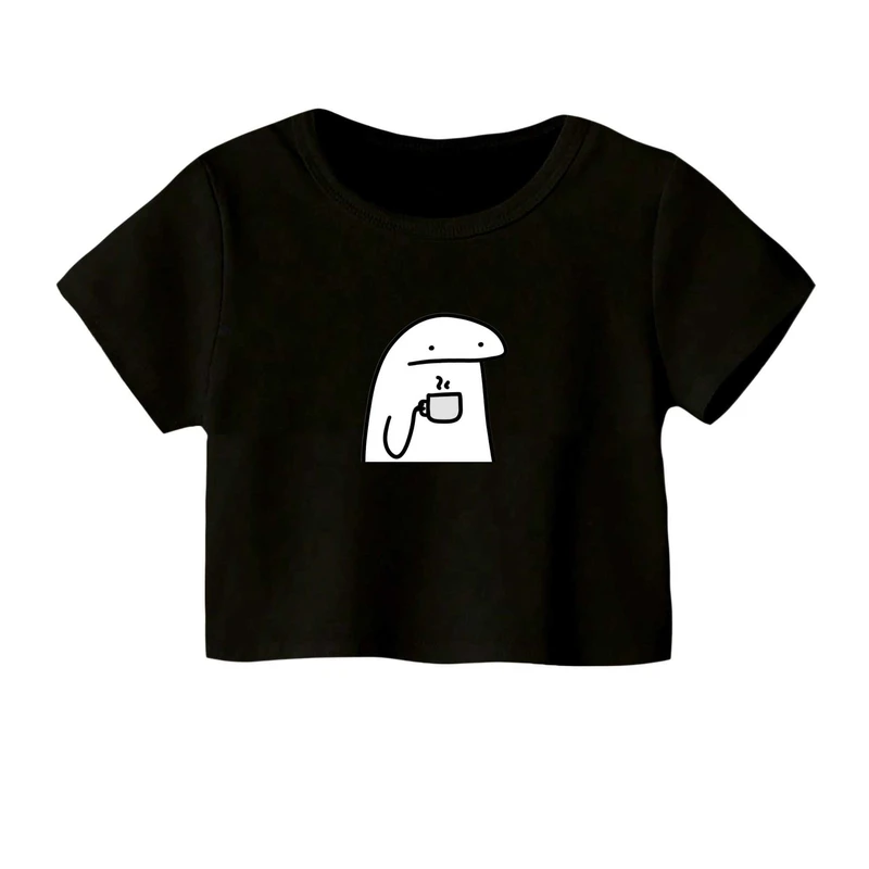 کراپ‌ تی‌شرت آستین کوتاه زنانه مدل استیکر و قهوه