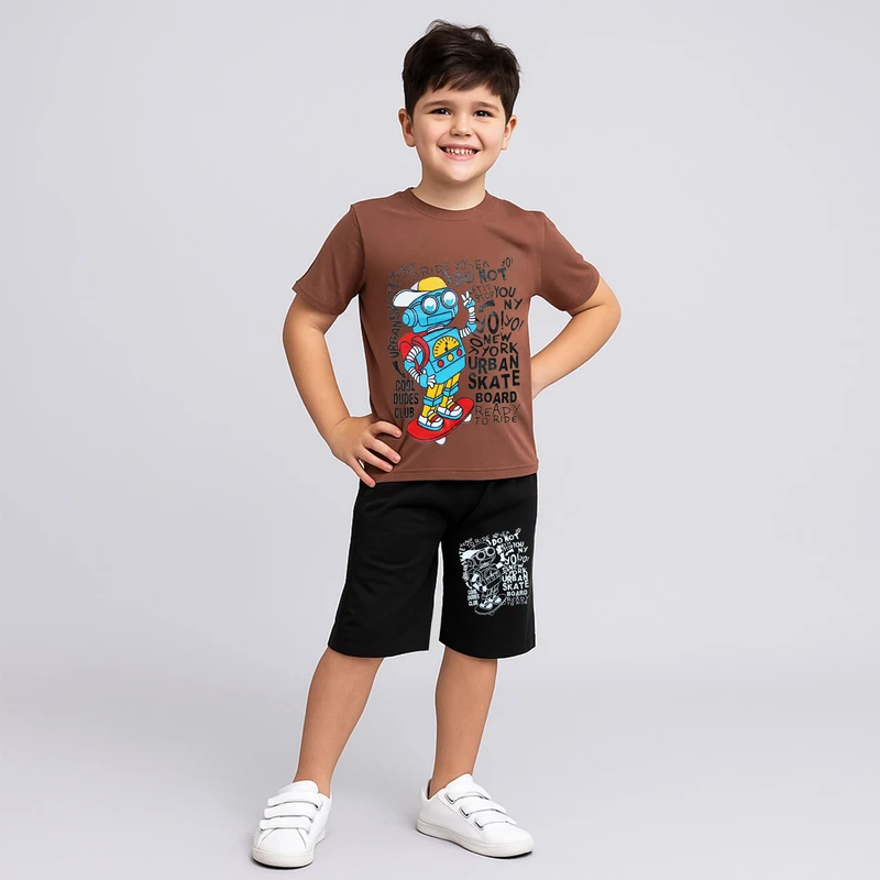 ست تی شرت آستین کوتاه و شلوارک راحتی پسرانه چیندکا مدل ربات کد 1008