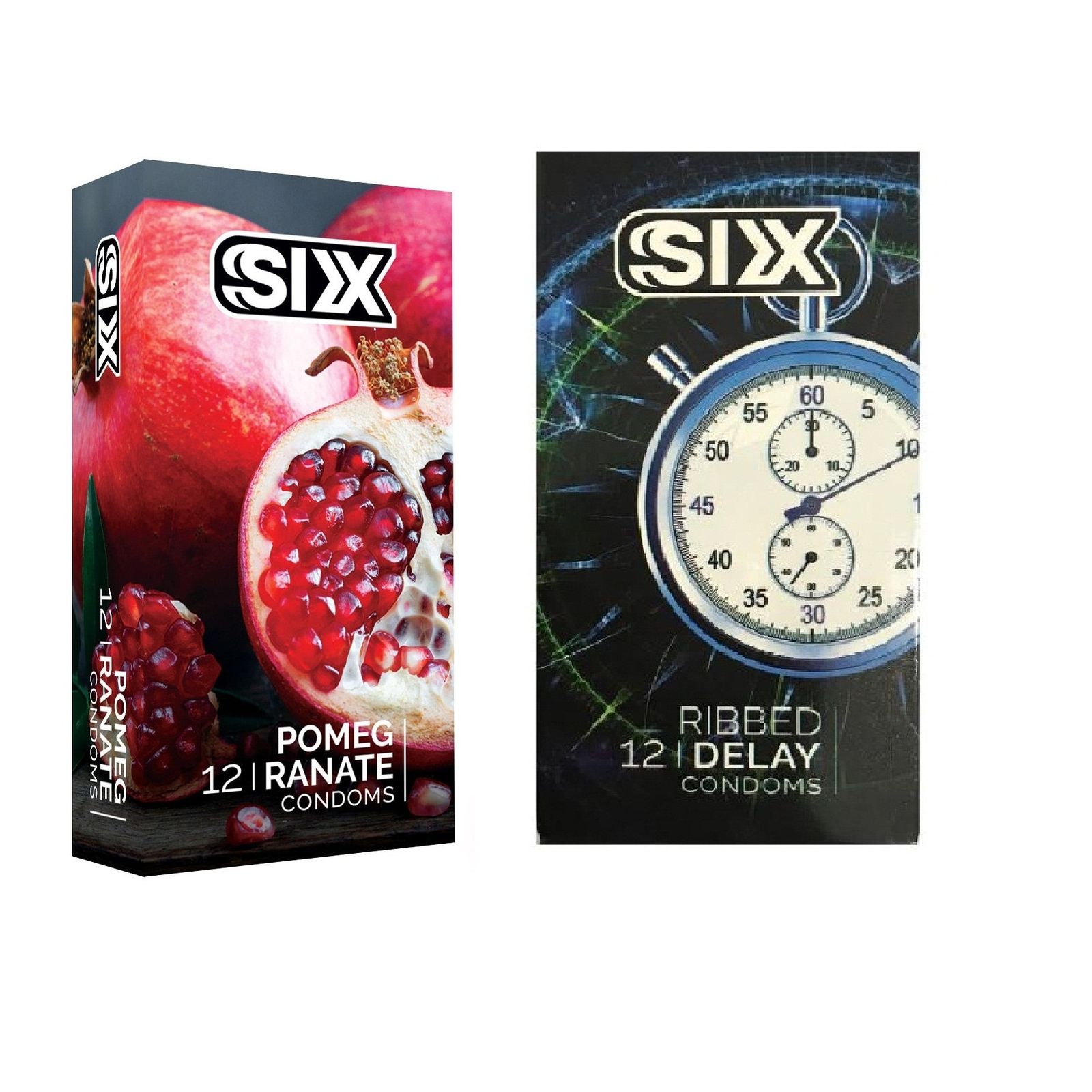 کاندوم سیکس مدل Pomegranate بسته 12 عددی به همراه کاندوم سیکس مدل Ribbed Delay بسته 12 عددی