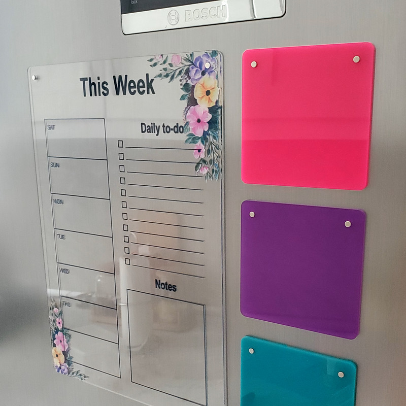 تخته وایت برد مدل پلنر هفتگی طرح گل دار سایز 20*30 سانتی متر به همراه استیکر مجموعه 4 عددی