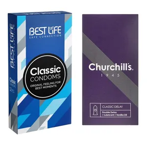 کاندوم چرچیلز مدل Classic Delay بسته 12 عددی به همراه کاندوم بست لایف مدل Classic بسته 12 عددی