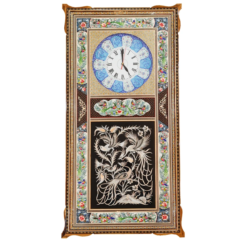 ساعت دیواری خاتم کاری چوبی صنایع دستی فاخر مدل شاهکار هنری طرح روهان کد HQ103p53Magnificent-Art3f3