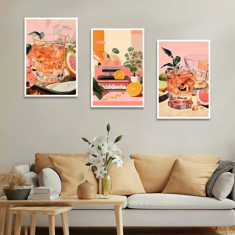 تابلو بکلیت طرح نقاشی مینیمال آبمیوه و کافی شاپ مدل W-1341 مجموعه 3 عددی