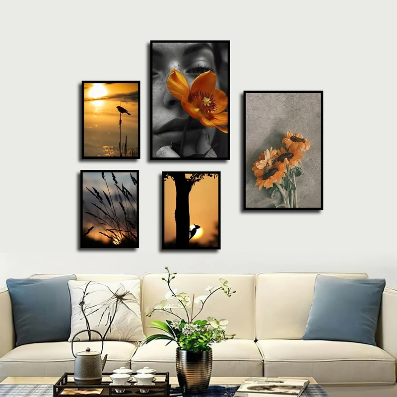 تابلو بکلیت طرح طبیعت و گل آفتابگردان مدل شاین اکلیلی B-2408 مجموعه 5 عددی