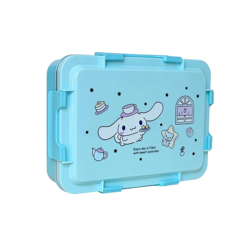 ظرف غذای کودک مدل لانچ باکس استیل کرومی و سینامورول به همراه قاشق و چنگال