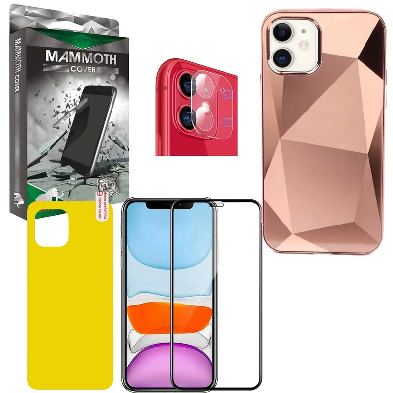 کاور ماموت طرح الماس مدل BNDL-ALMS مناسب برای گوشی موبایل اپل Iphone 11 به همراه محافظ صفحه نمایش و بر چسب محافظ پشت گوشی و محافظ لنز دوربین