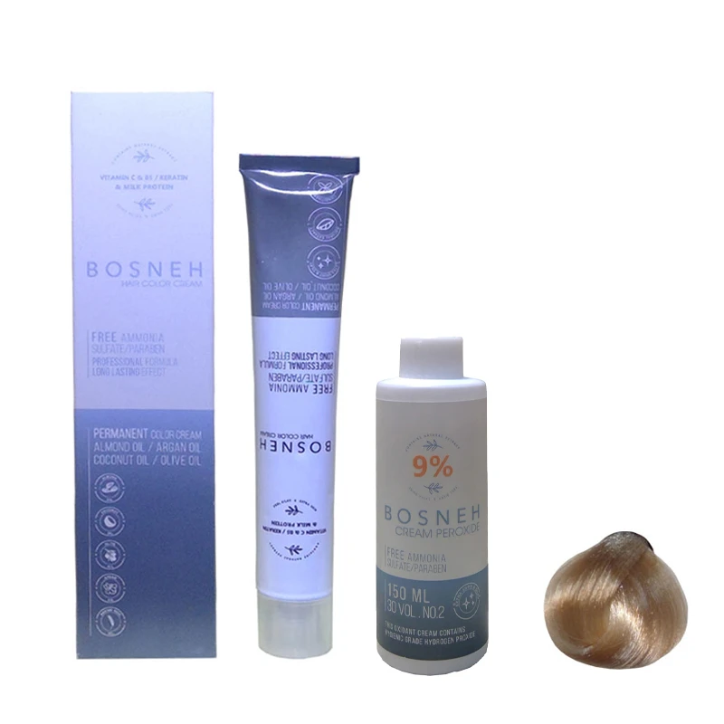 رنگ مو بوسنه مدل FREE AMMONIA شماره 9.73 حجم 100 میلی لیتر رنگ بلوند نسکافه ای خیلی روشن به همراه اکسیدان بوسنه مدل 30vol نه درصدی حجم 150 میلی لیتر