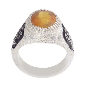 انگشتر نقره مردانه بازرگانی میلادی مدل سنگ یاقوت زرد رکاب دست ساز قلم زنی کد AM_2530