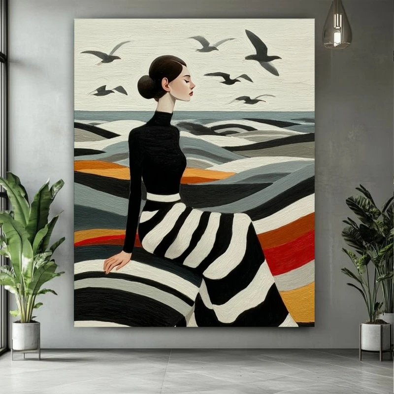 تابلو بوم طرح مخمل راه راه ساحلی مدل موج و پرواز کد PY375