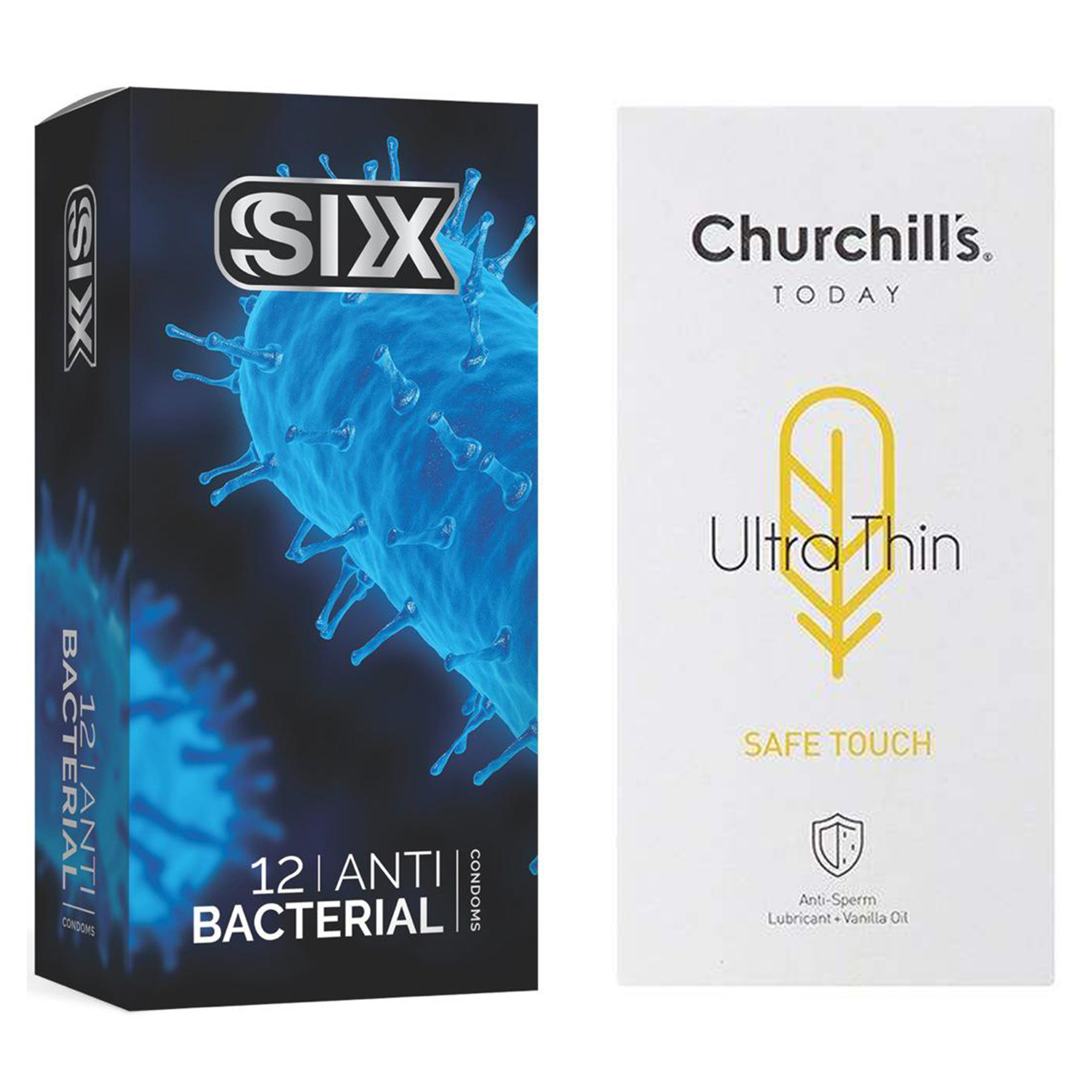 کاندوم چرچیلز مدل Safe Touch بسته 12 عددی به همراه کاندوم سیکس مدل آنتی باکتریال بسته 12 عددی 