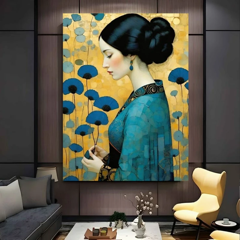 تابلو بوم طرح مخمل نقاشی بانوی ژاپنی مدل گل های شاداب کد BK24404