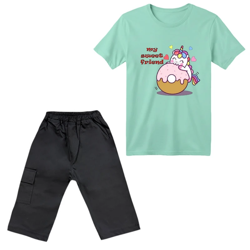 ست تی‌شرت آستین کوتاه و شلوارک دخترانه مدل یونیکورن کد ۲ رنگ سبز روشن