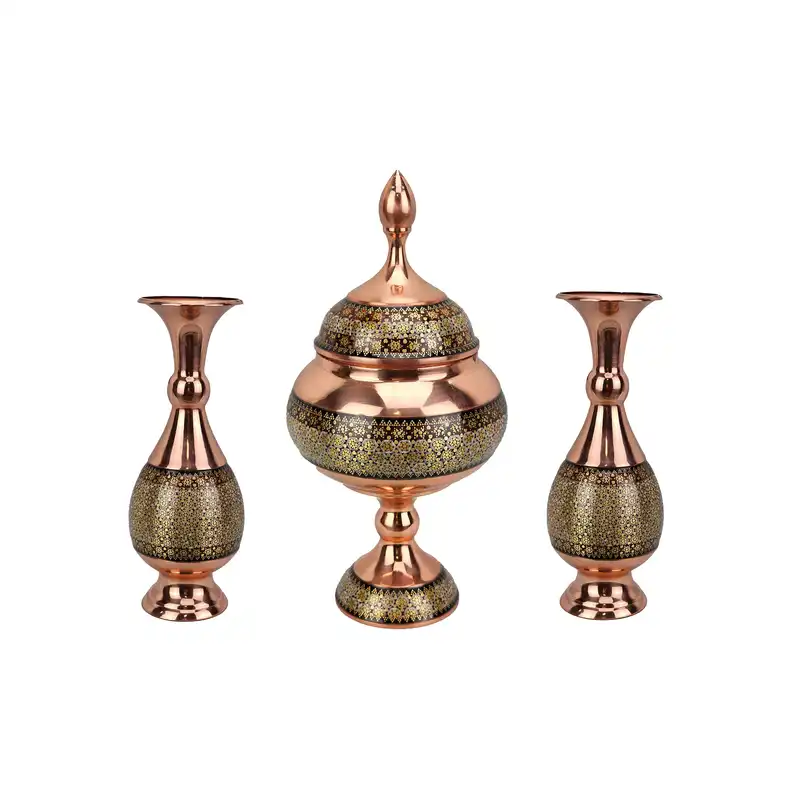 ست 3 تکه شکلات خوری و گلدان خاتم کاری مدل آذر کد s16