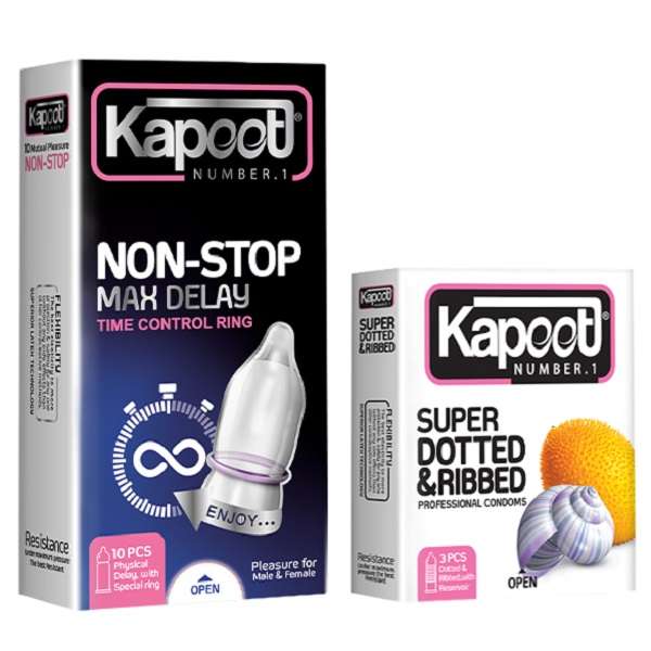 کاندوم کاپوت مدل NON-STOP بسته 10 عددی به همراه کاندوم کاپوت مدل Super Dotted And Ribbedd بسته 3 عددی کاندوم کاپوت مدل NON-STOP بسته 10 عددی به همراه کاندوم کاپوت مدل Super Dotted And Ribbedd بسته 3 عددی