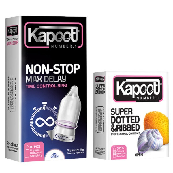 کاندوم کاپوت مدل NON-STOP بسته 10 عددی به همراه کاندوم کاپوت مدل Super Dotted And Ribbedd بسته 3 عددی کاندوم کاپوت مدل NON-STOP بسته 10 عددی به همراه کاندوم کاپوت مدل Super Dotted And Ribbedd بسته 3 عددی