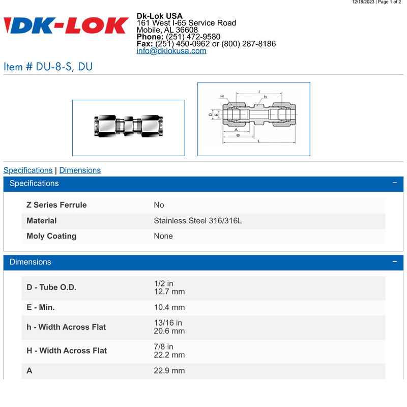 فیتینگ دی کی لاک مدل DU-8-S, DU