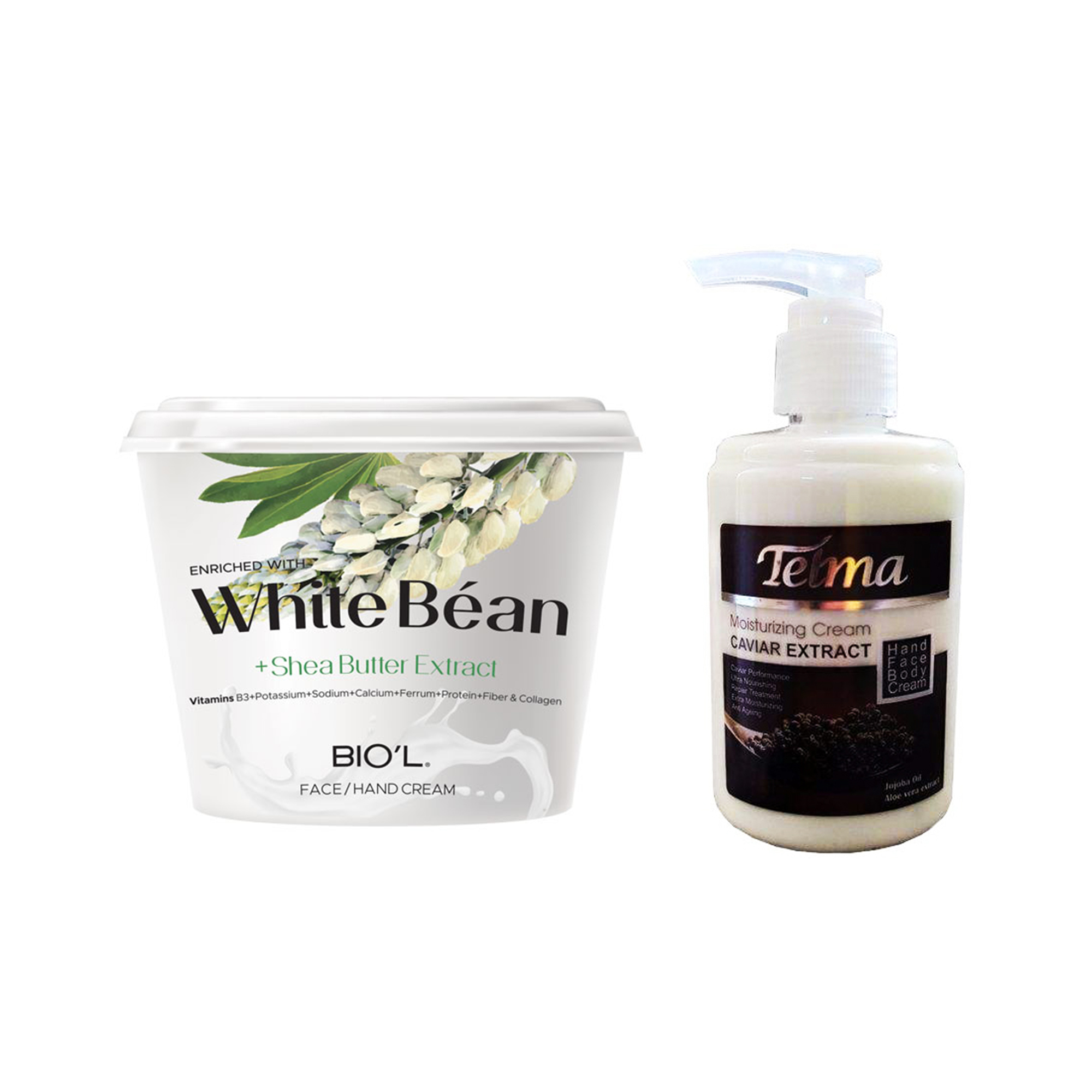 کرم آبرسان و مرطوب کننده تلما مدل خاویار حجم 200 میلی لیتر به همراه کرم مرطوب کننده بیول مدل White Bean حجم 250 میلی لیتر
