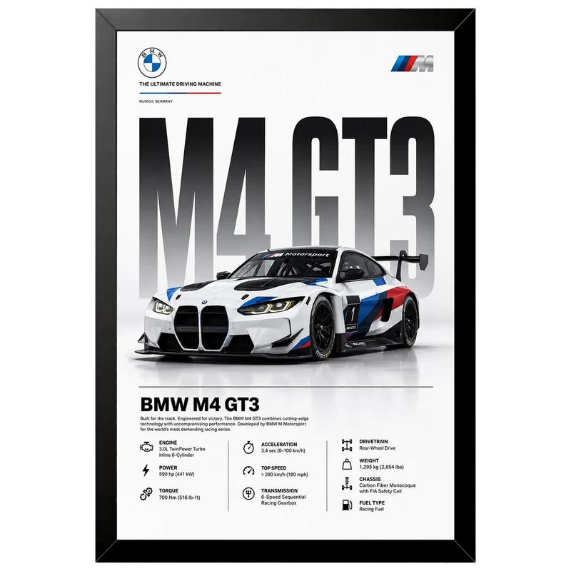 تابلو بکلیت طرح ماشین و خودرو بی ام و BMW M4 GT3 مدل B-az1006 فریم مشکی