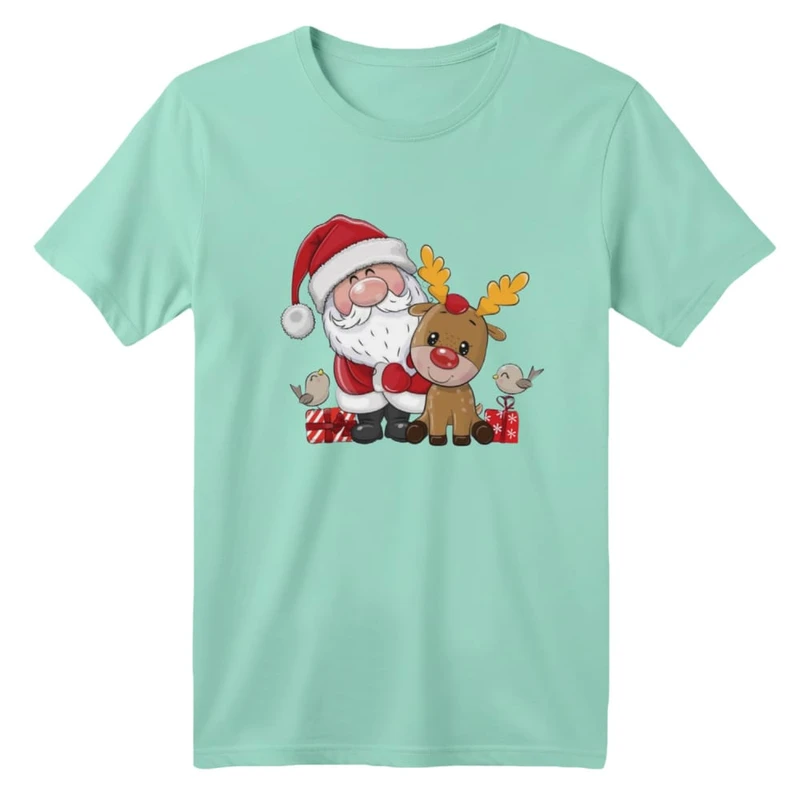 تی شرت آستین کوتاه بچگانه مدل بابانوئل و گوزن کریسمس کد 5