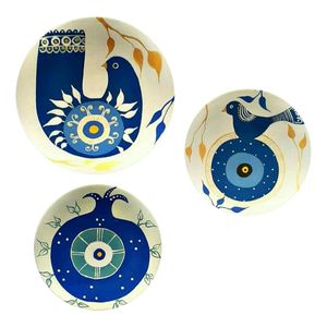 بشقاب دیوارکوب سفالی طرح چشم نظر کد D134-A مجموعه 3 عددی