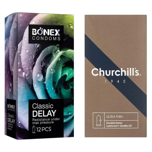 کاندوم چرچیلز مدل Ultra Thin Double Delay بسته 12 عددی به همراه کاندوم بونکس مدل Classic Delay بسته 12 عددی