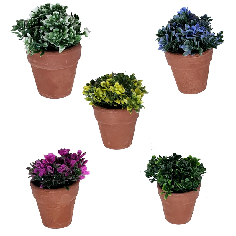 گلدان به همراه گل مصنوعی مدل کا16 سفالی مینیاتوری مجموعه 5 عددی