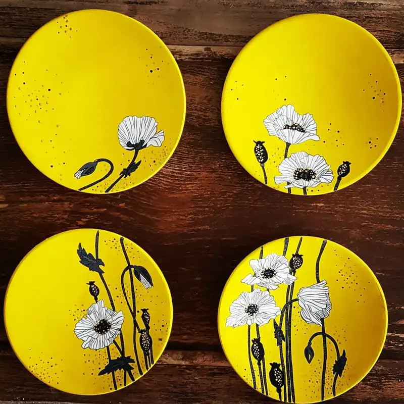 بشقاب دیوارکوب سفالی طرح گل کد D120-A مجموعه 4 عددی