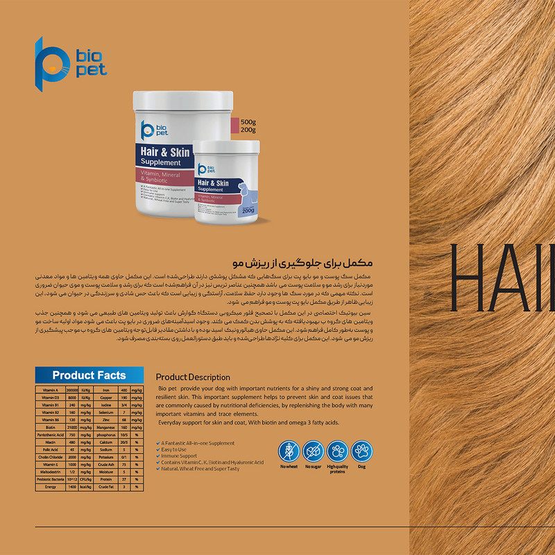 پودر مکمل سگ بایو پت مدل پوست و مو وزن 400 گرم
