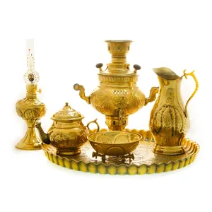 سرویس سماور ذغالی 6 پارچه برنجی مدل عدسی ترک دار کد 4585
