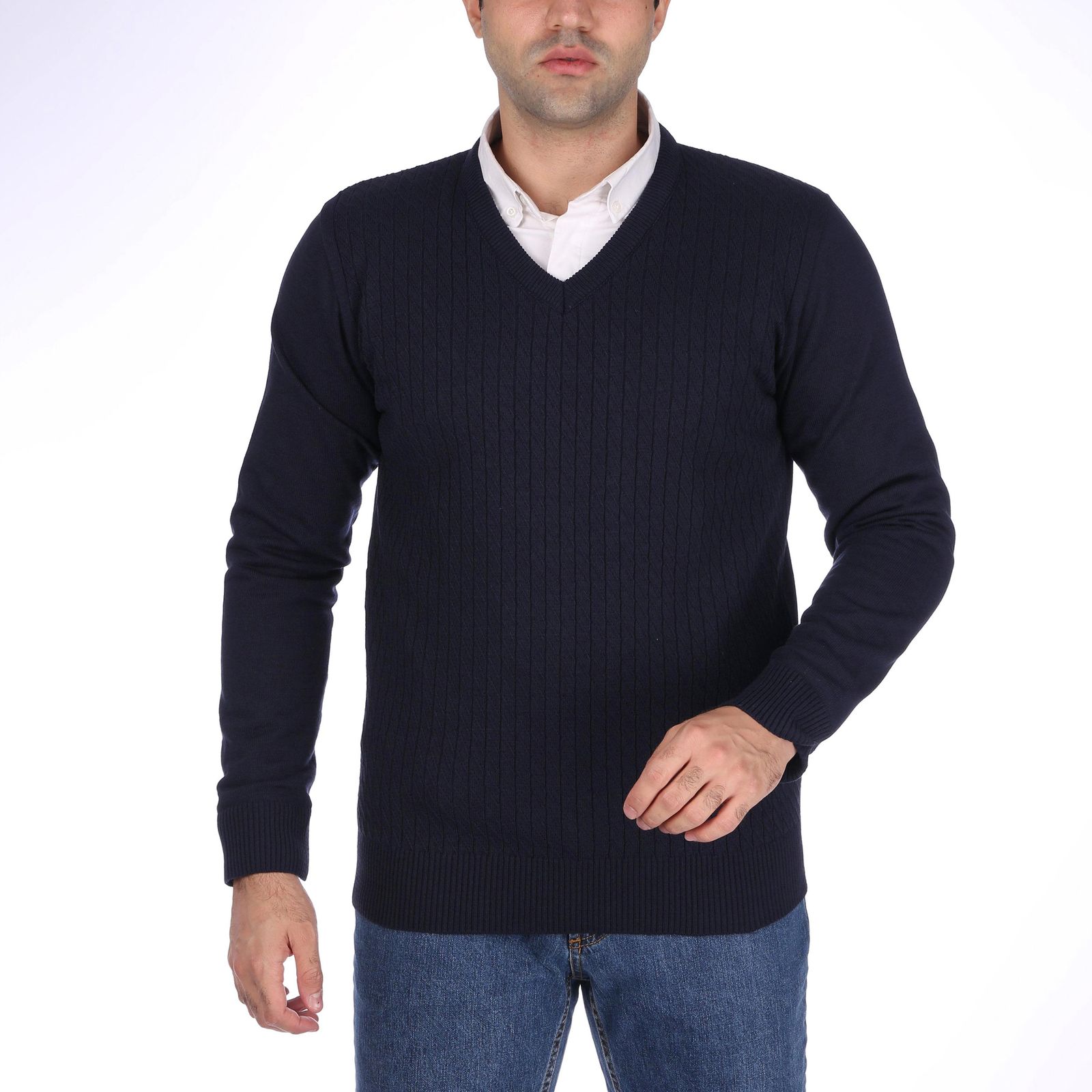 پلیور مردانه تریکو پاییزان مدل ARN یقه هفت رنگ سرمهای - - 1